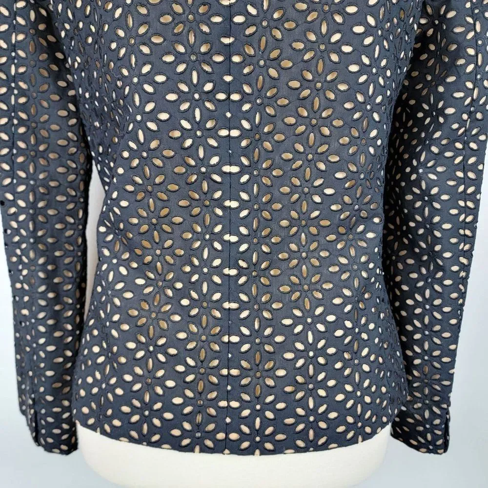 Michael Kors Made In Italy Black Caramel Cotton Silk Embroidered Cutout Blazer 6